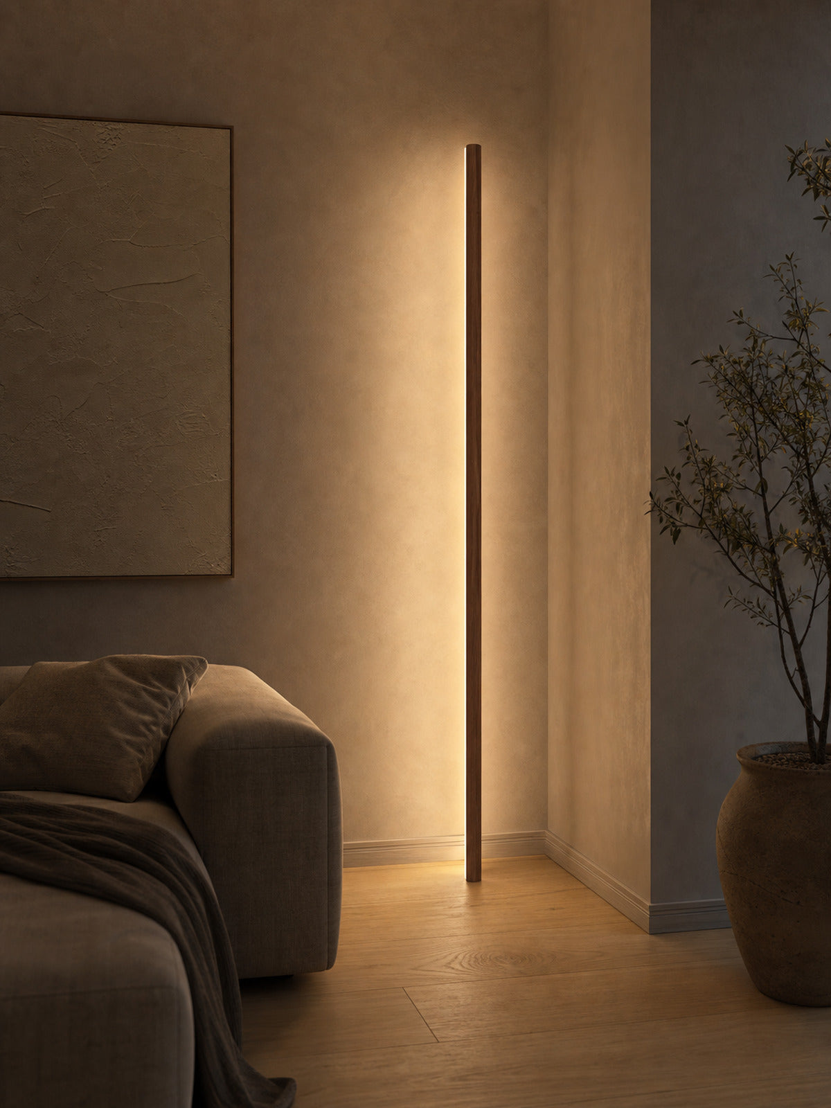 JINK Axis Stem solid wood smart floor light in modern living room — standardized 3x4 media
