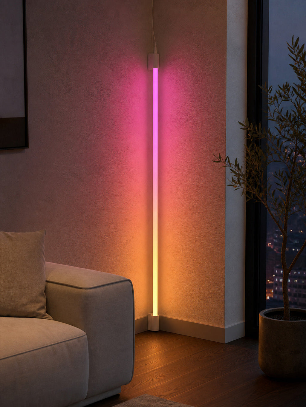 JINK Axis Tube full color RGB smart linear floor light in a modern living room — standardized 3x4 media
