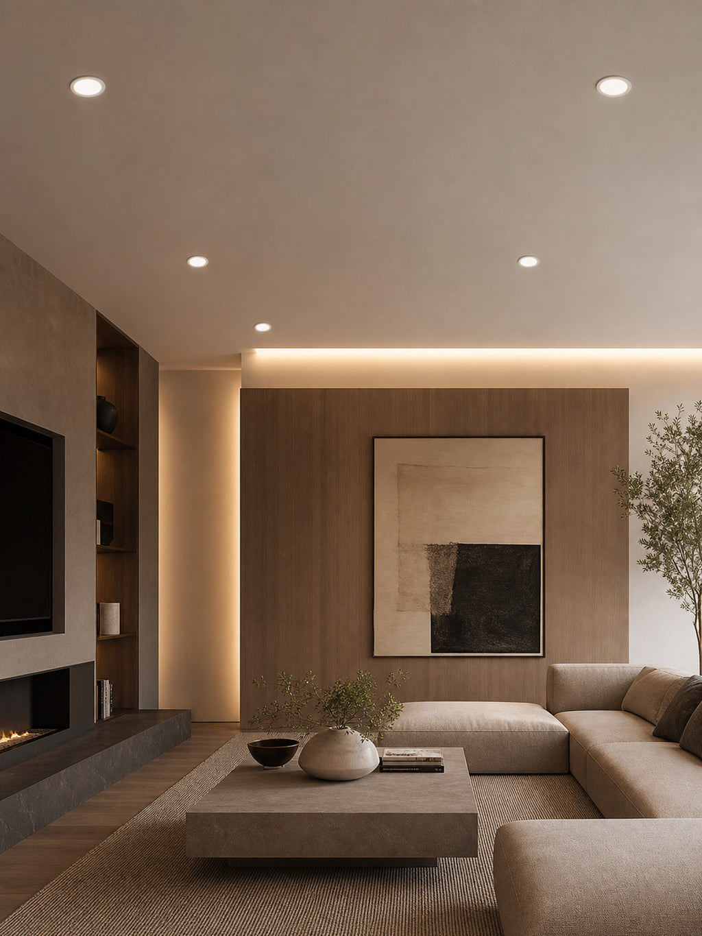 JINK Dot T smart downlight in a modern living room — standardized 3x4 media