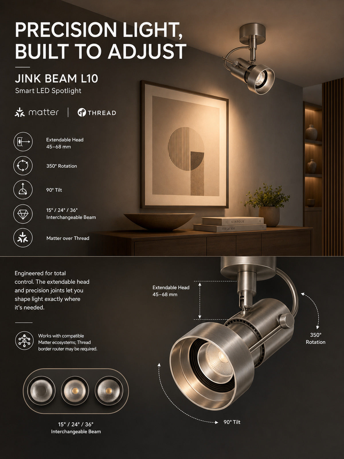 JINK Beam L10 smart spotlight scene and adjustment benefits — standardized 3x4 media