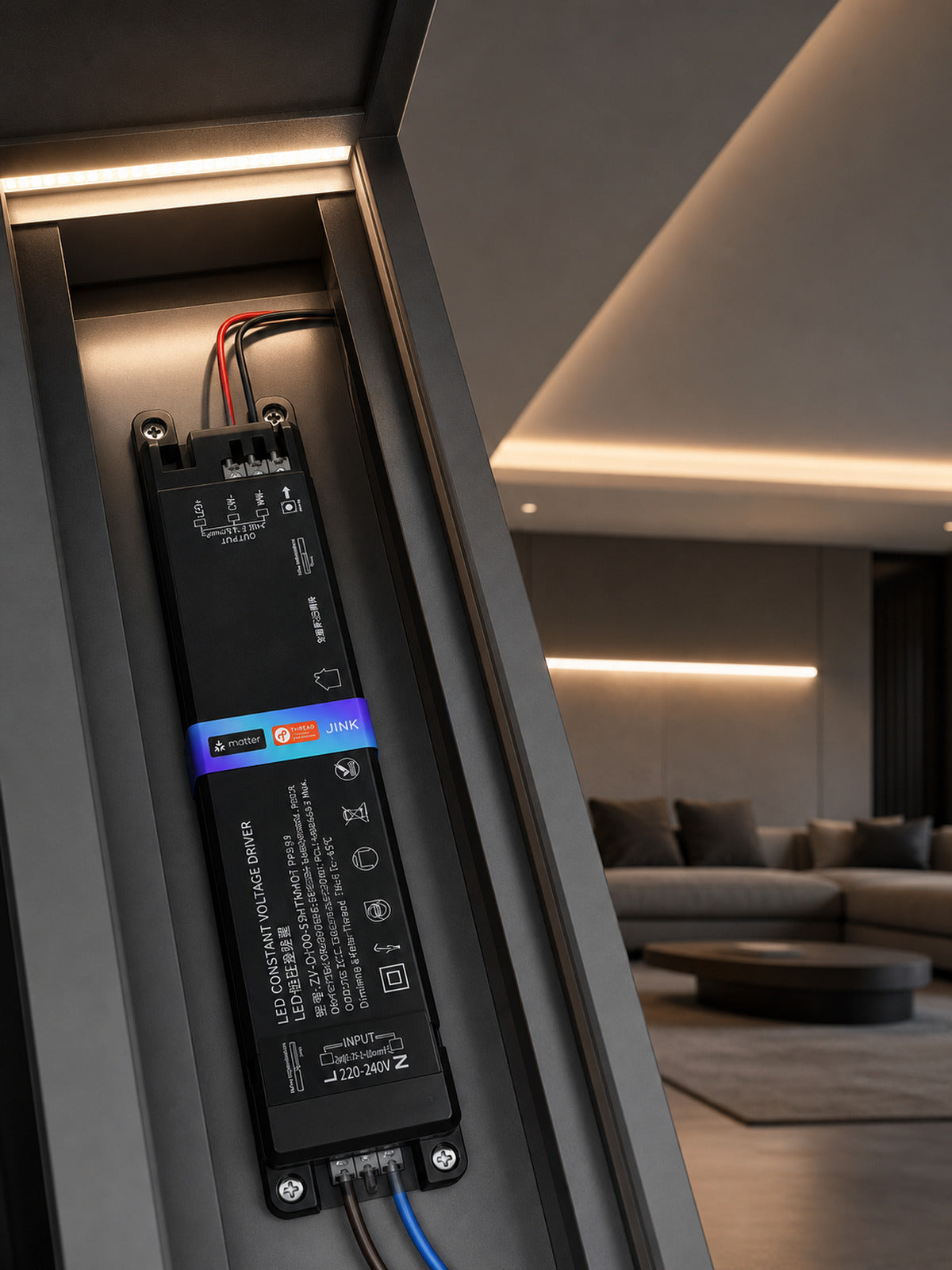 JINK Flux smart LED driver installed in architectural lighting — standardized 3x4 media