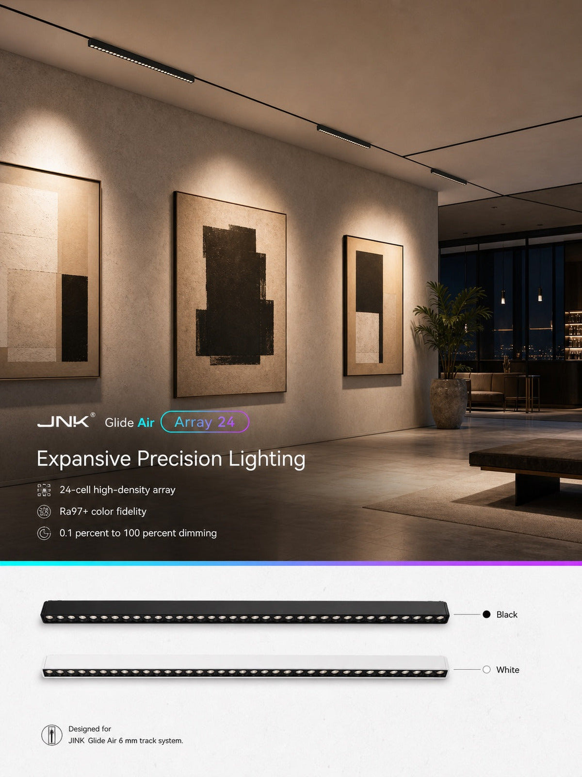 JINK Glide Air Array 24 living room lighting scene — standardized 3x4 media