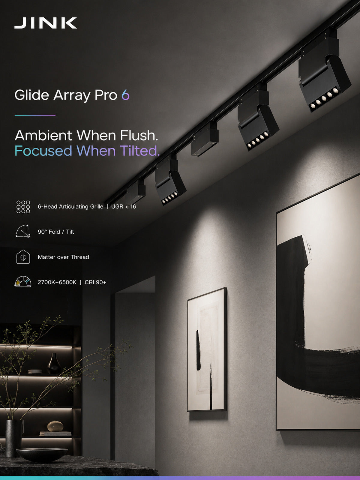 JINK Glide Array Pro 6 smart home scene — standardized 3x4 media
