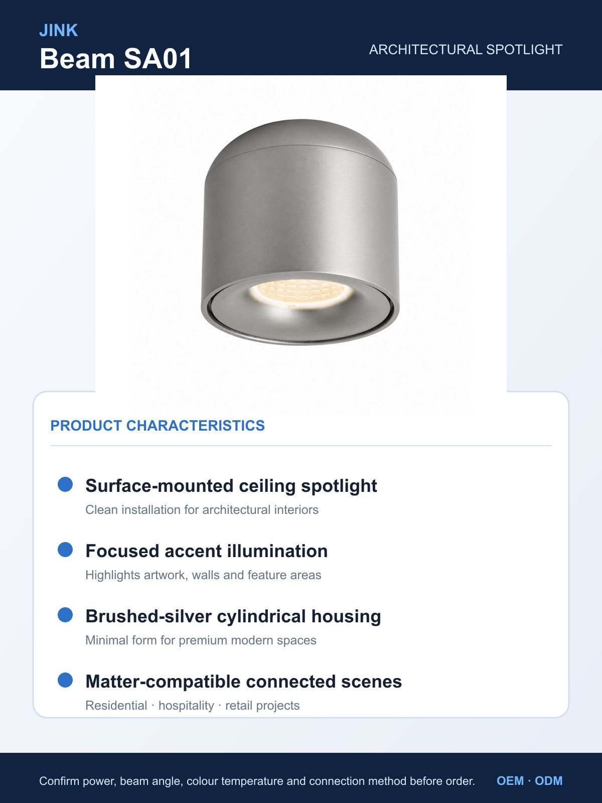 JINK Beam SA01 architectural spotlight product characteristics — standardized 3x4 media
