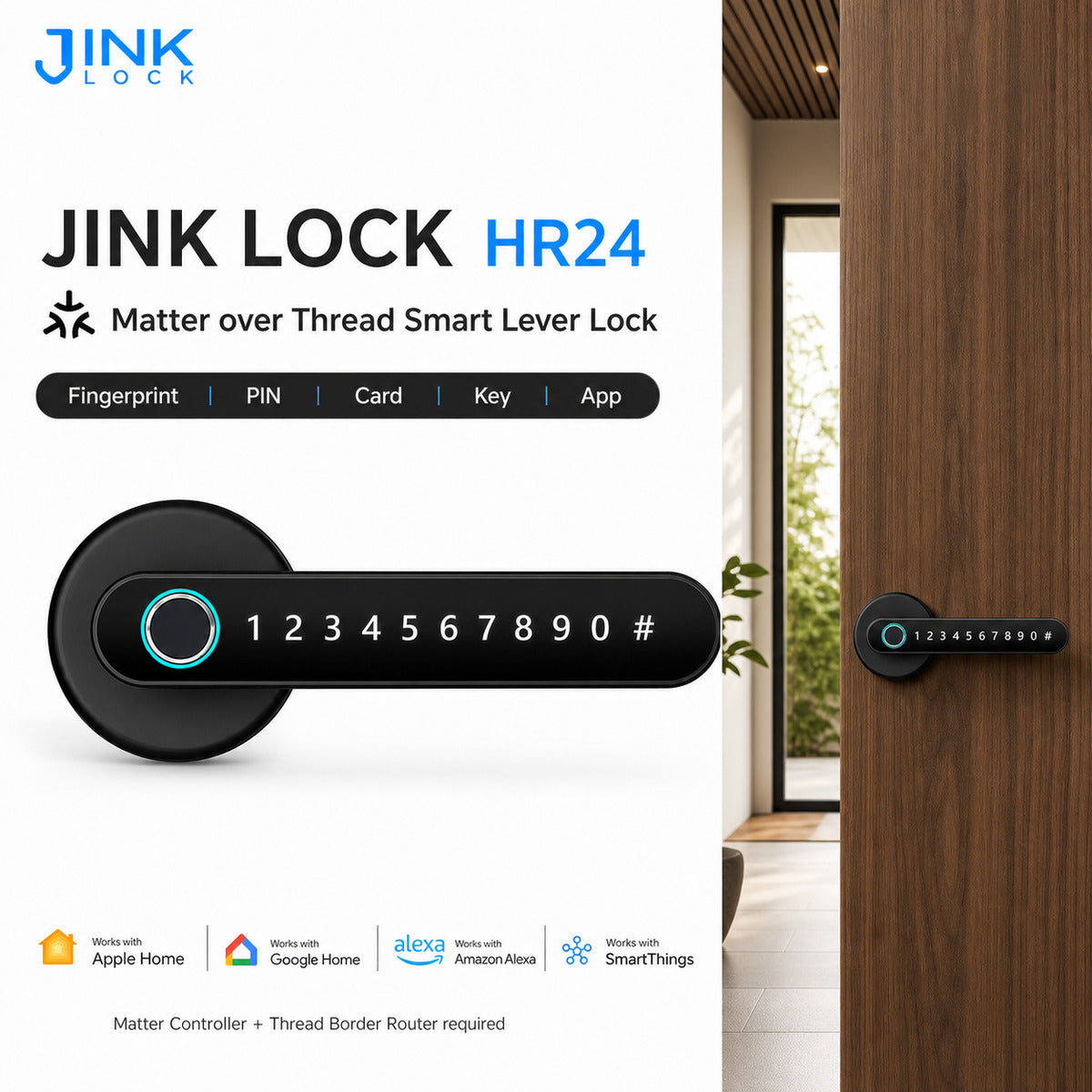 JINK Lock HR24 Matter over Thread smart lever lock — standardized 1x1 media