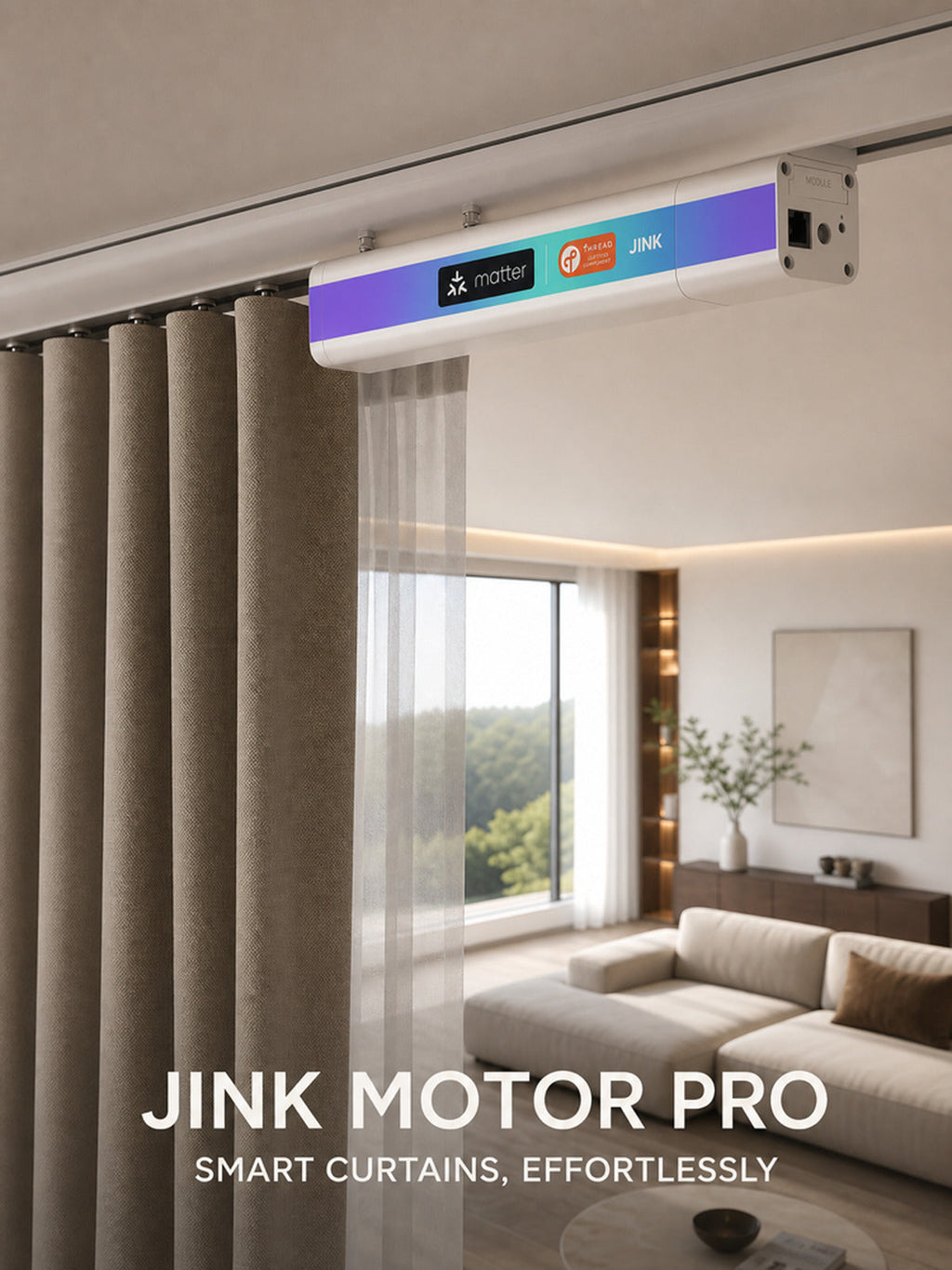 JINK Motor Pro Matter smart curtain motor lifestyle scene — standardized 3x4 media