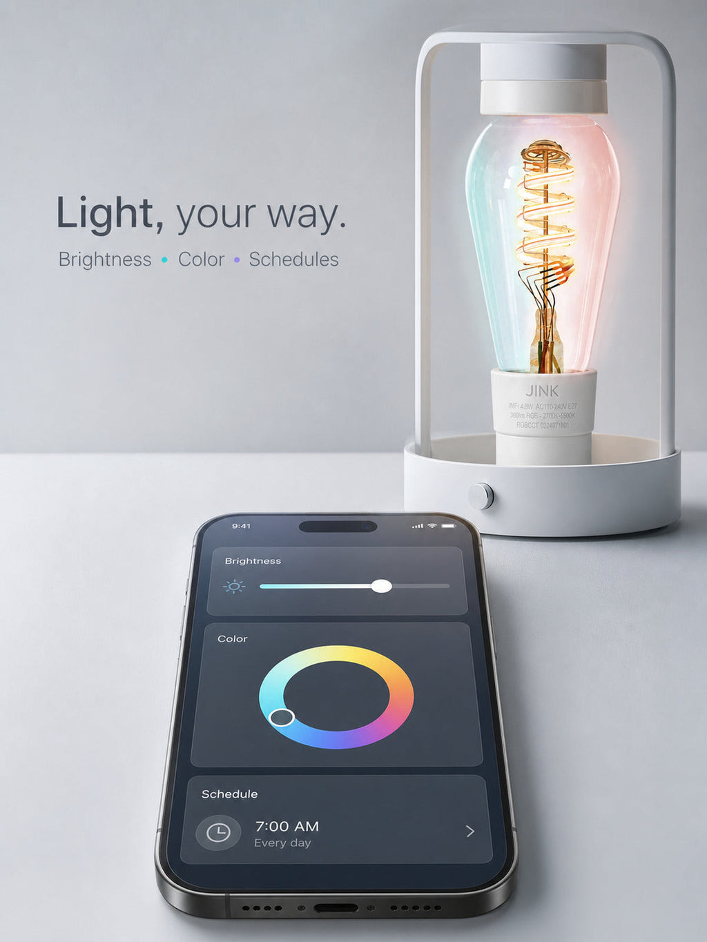 JINK Bulb E27 ST64 brightness color and schedule controls — standardized 3x4 media