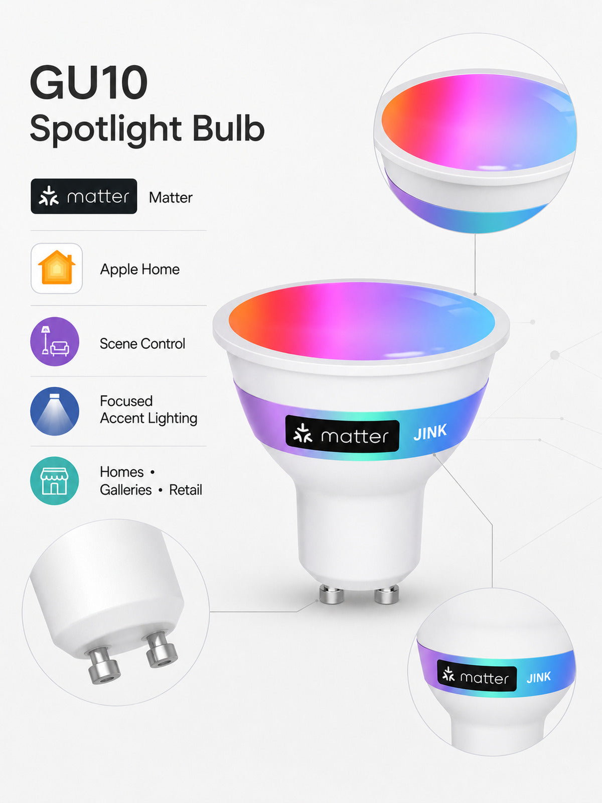 JINK Bulb GU10 Matter Apple Home scene control features — standardized 3x4 media