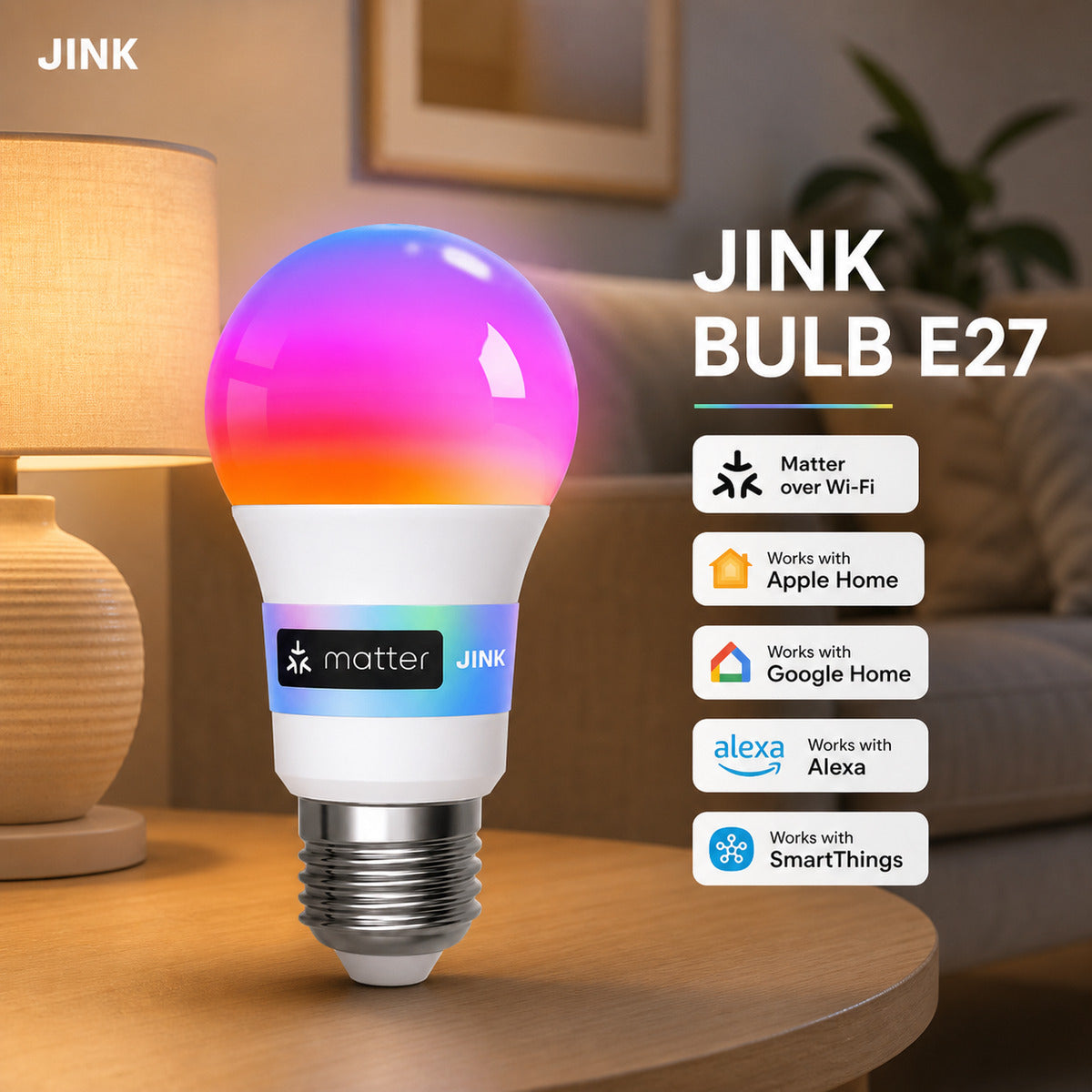 JINK Bulb E27 Matter smart lighting comprehensive hero — standardized 1x1 media