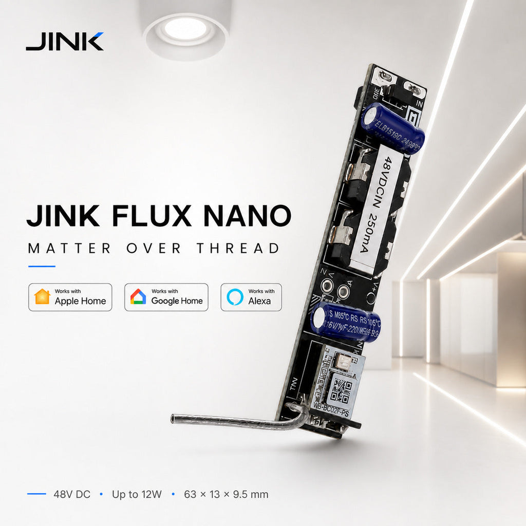 JINK Flux Nano Matter over Thread smart lighting driver composite hero — standardized 1x1 media