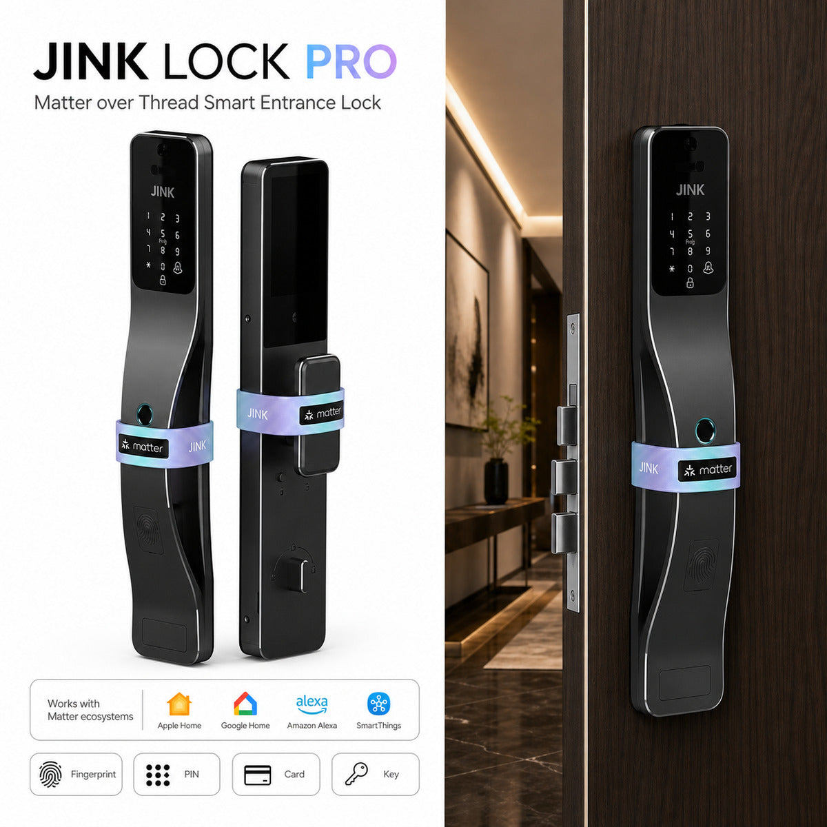 JINK Lock Pro Matter over Thread smart entrance lock composite hero — standardized 1x1 media