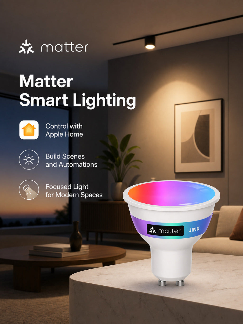 JINK Bulb GU10 Matter Apple Home smart lighting benefits — standardized 3x4 media