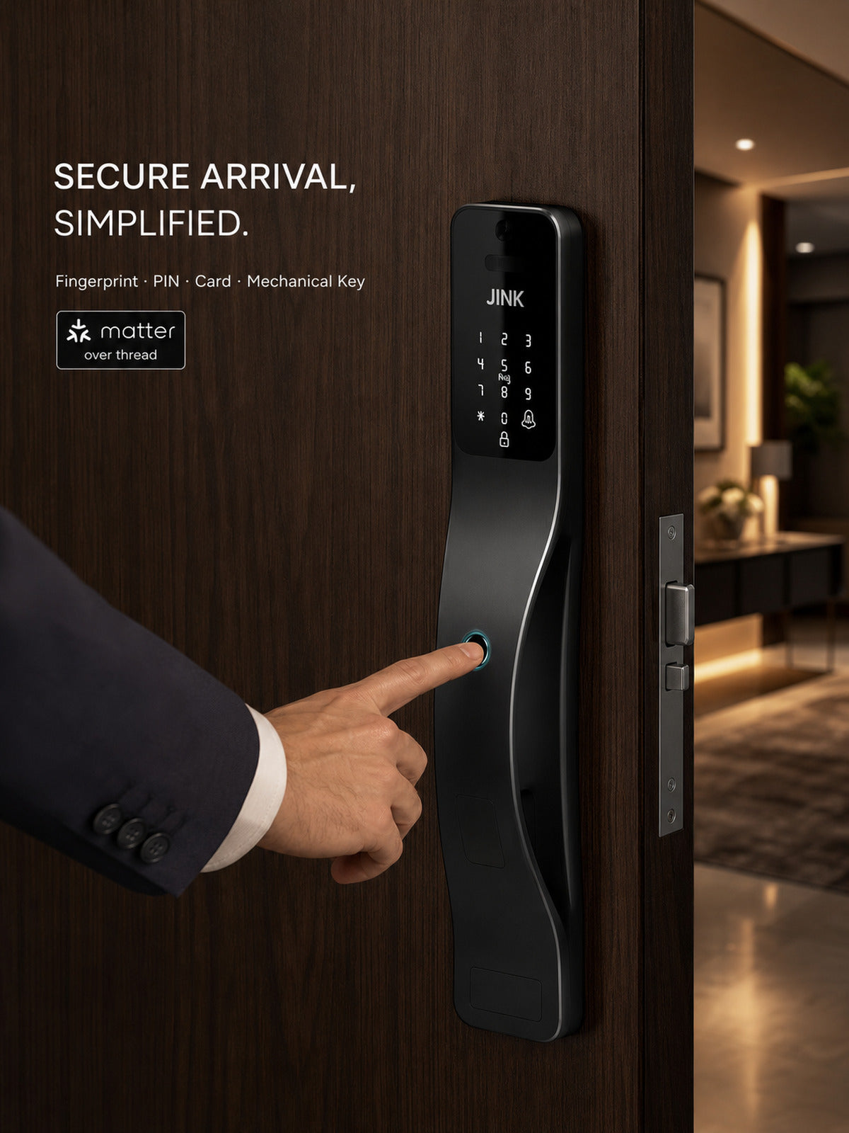 JINK Lock Pro fingerprint unlock lifestyle scene — standardized 3x4 media