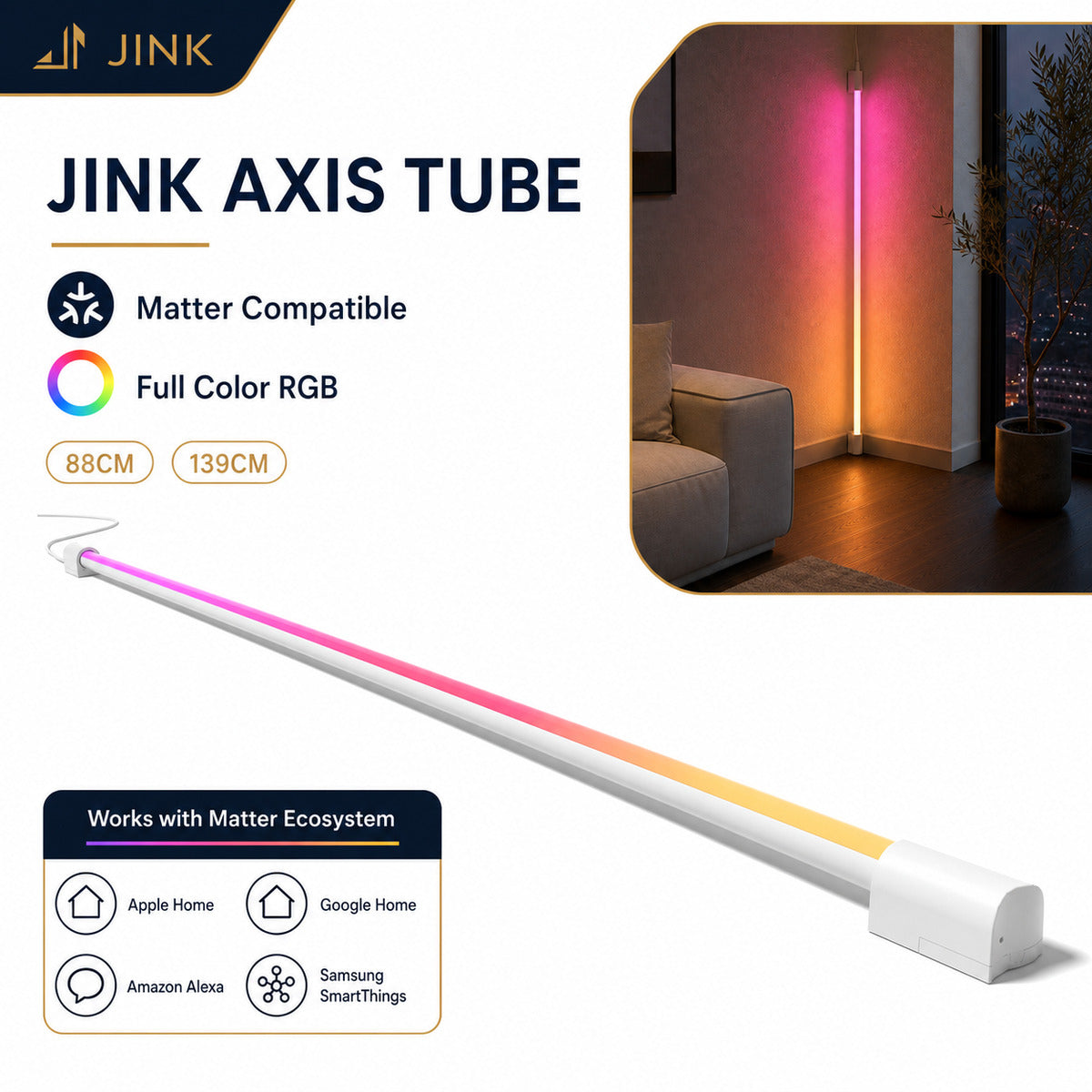 JINK Axis Tube Matter compatible RGB smart floor light composite hero — standardized 1x1 media