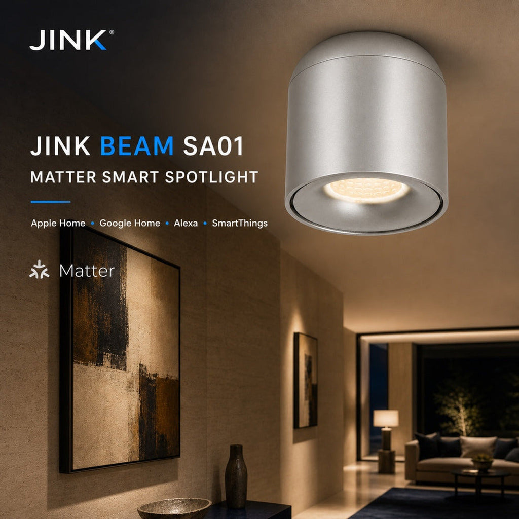 JINK Beam SA01 Matter smart spotlight comprehensive scene and platform hero image — standardized 1x1 media