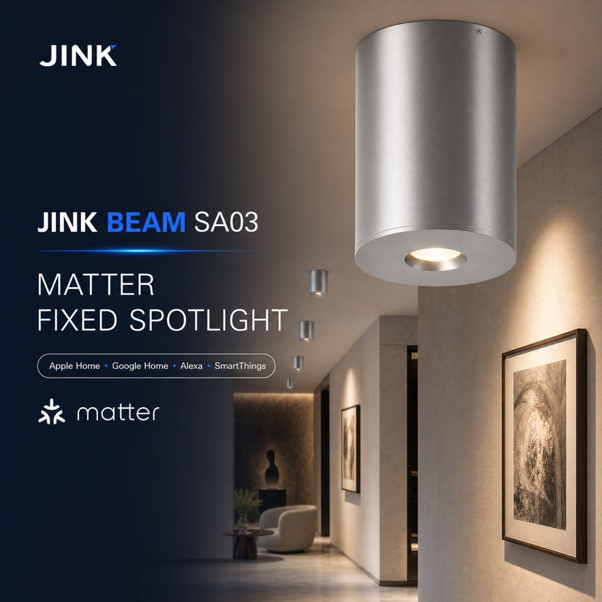 JINK Beam SA03 Matter fixed spotlight comprehensive scene and platform hero — standardized 1x1 media