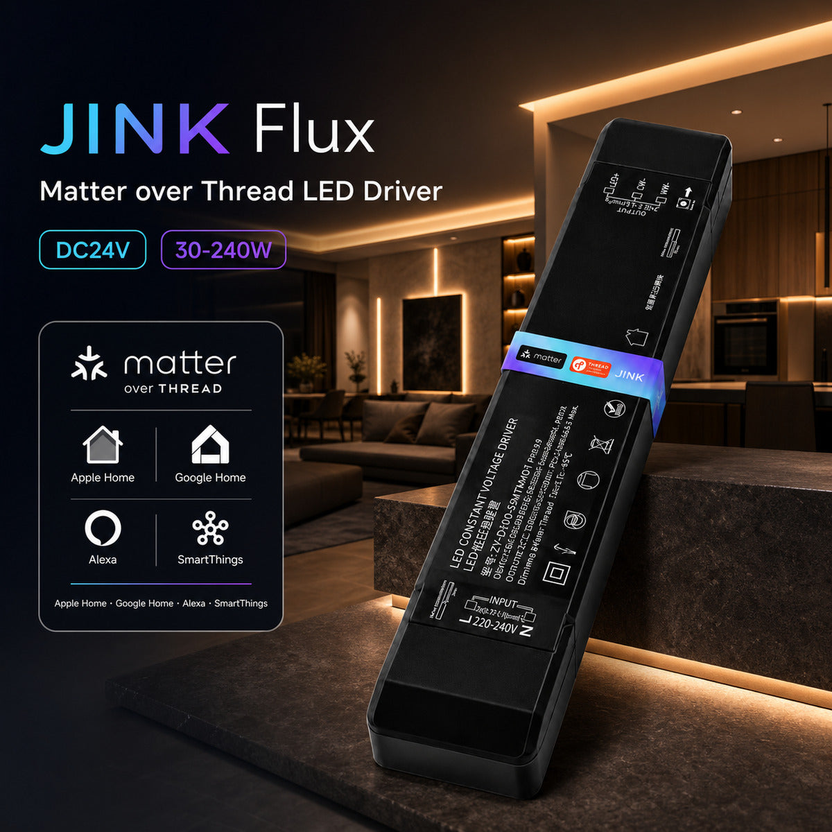 JINK Flux Matter over Thread 30-240W LED driver hero — standardized 1x1 media