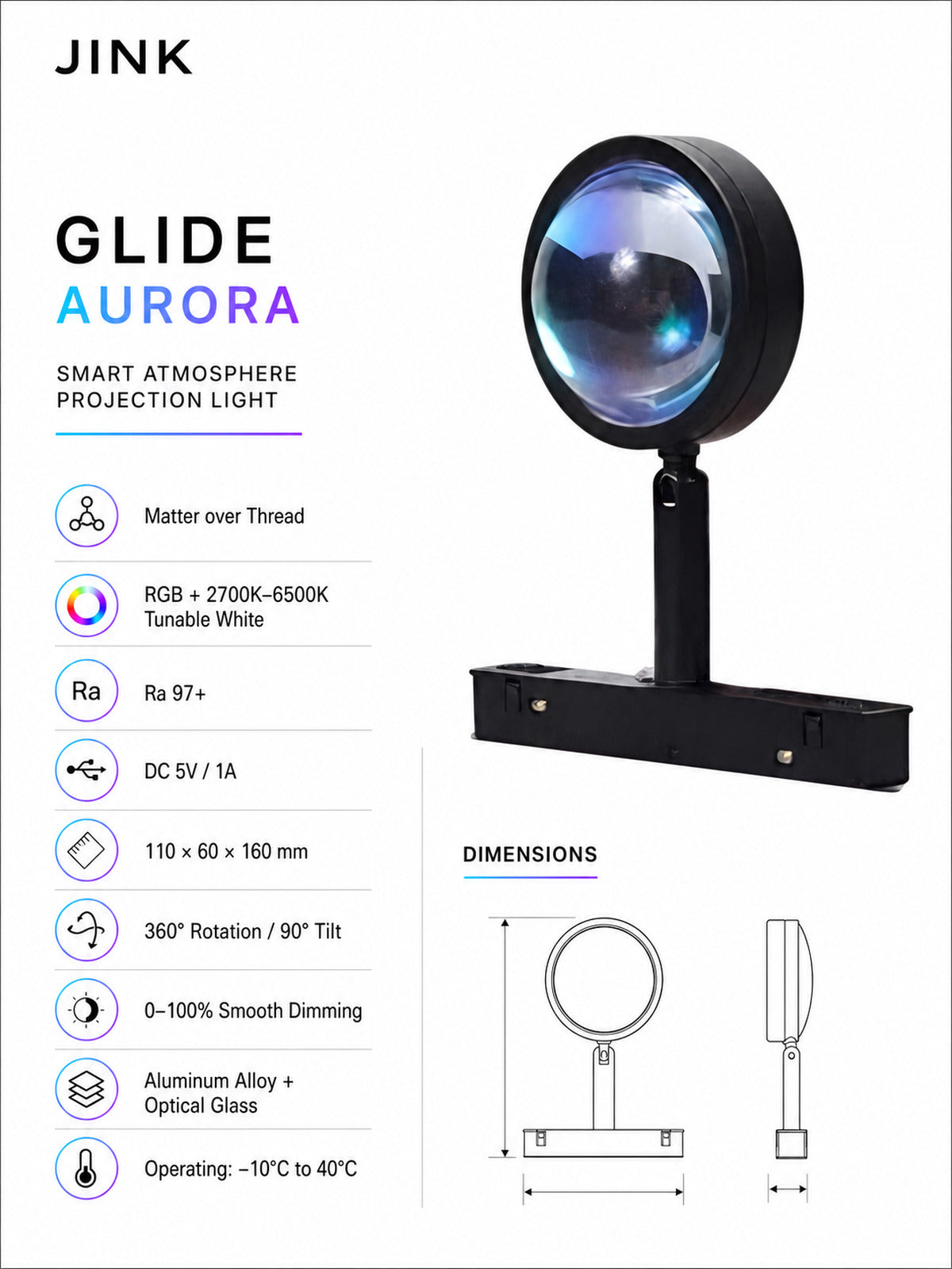 JINK Glide Aurora technical specifications — standardized 3x4 media