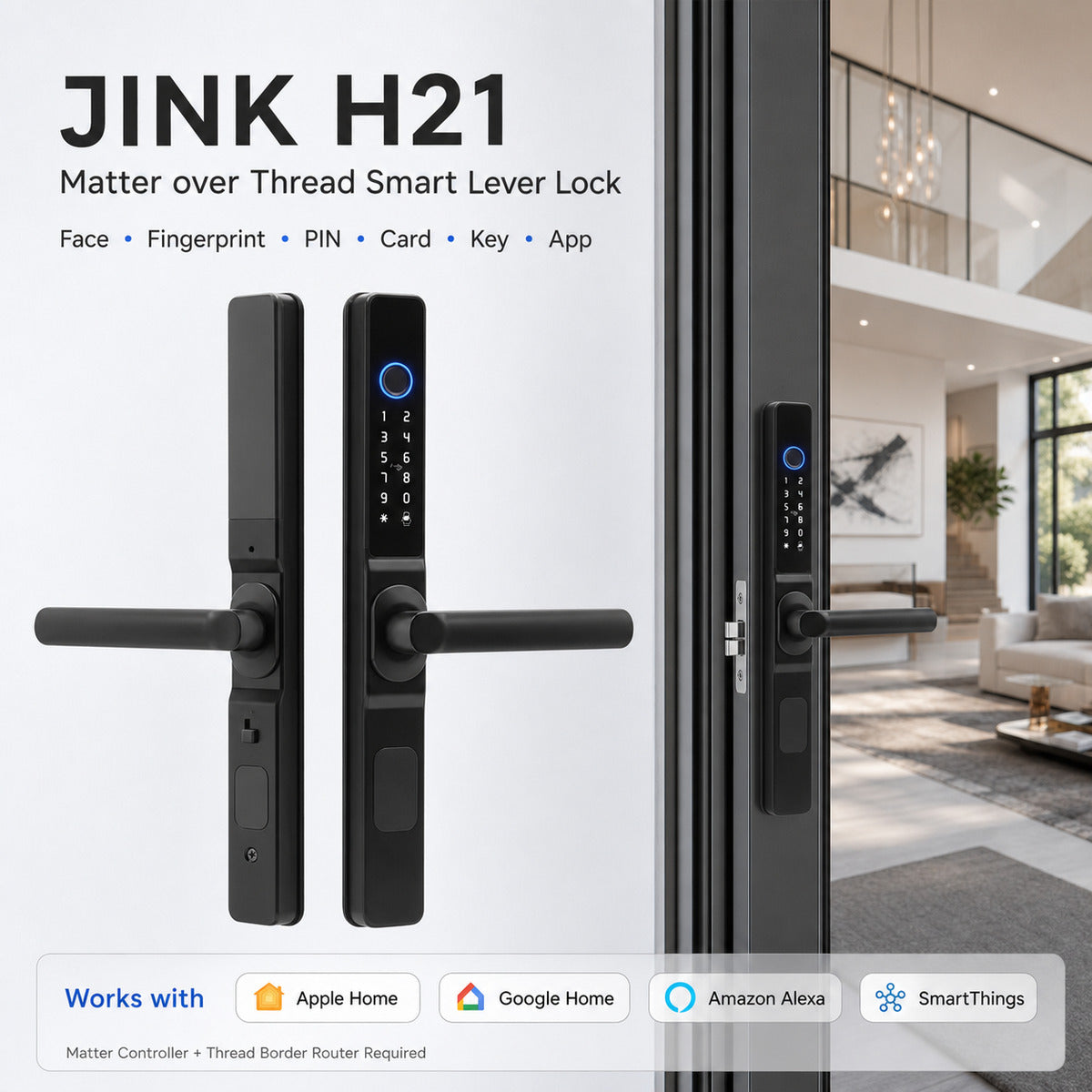 JINK H21 Matter over Thread smart lever lock integrated hero — standardized 1x1 media