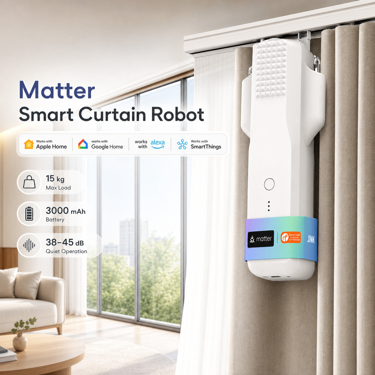 JINK Curtain Robot Matter smart curtain automation scene — standardized 1x1 media