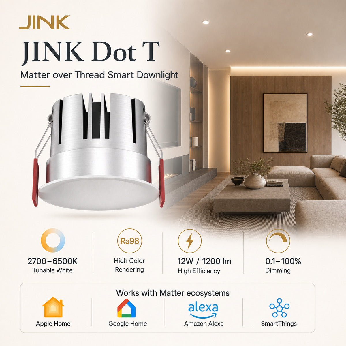 JINK Dot T Matter smart downlight scene and supported ecosystems — standardized 1x1 media