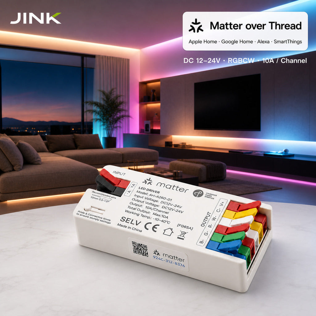 JINK Flux DC RGBCW Matter over Thread smart LED driver supporting Apple Home Google Home Alexa and SmartThings — standardized 1x1 media