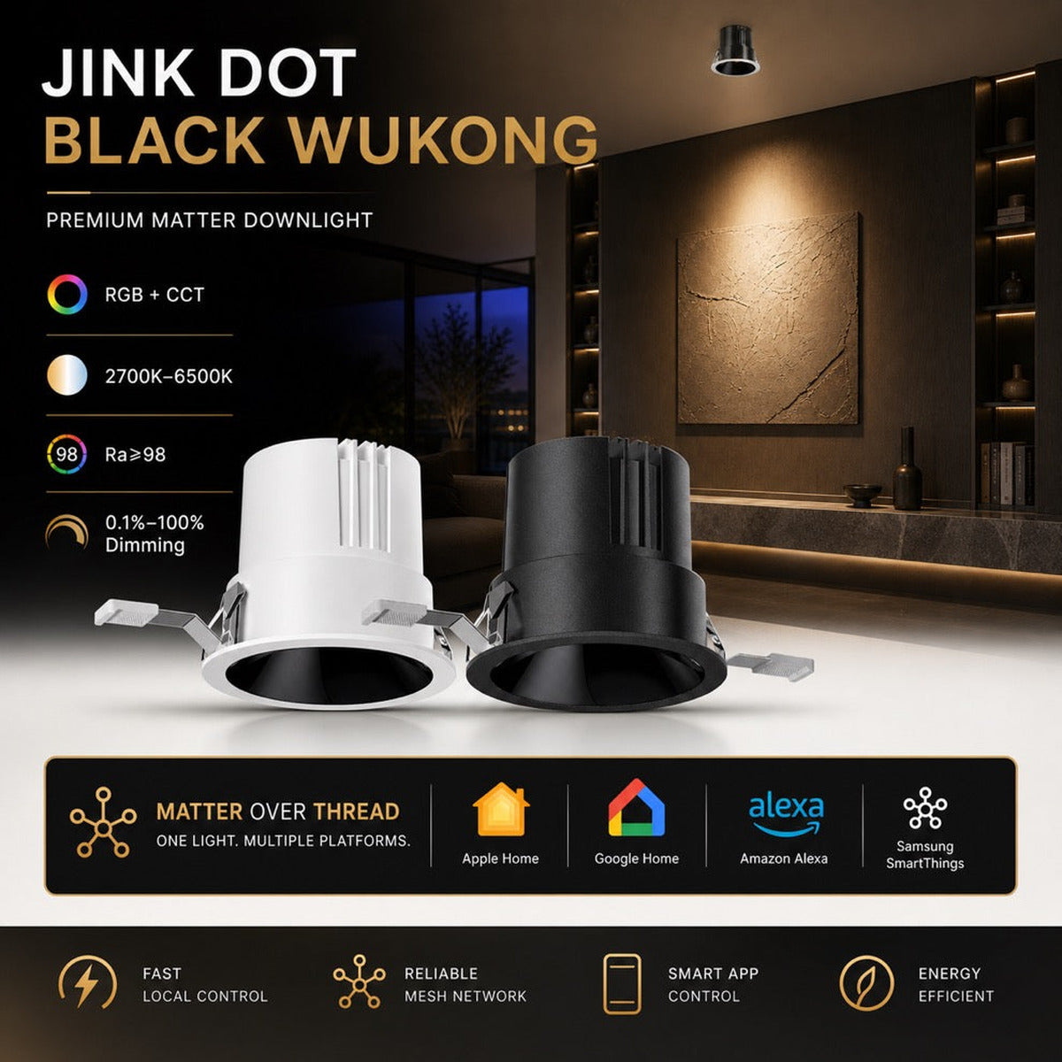 JINK Dot Black Wukong Matter over Thread smart downlight comprehensive hero with Apple Home Google Home Alexa and SmartThings — standardized 1x1 media