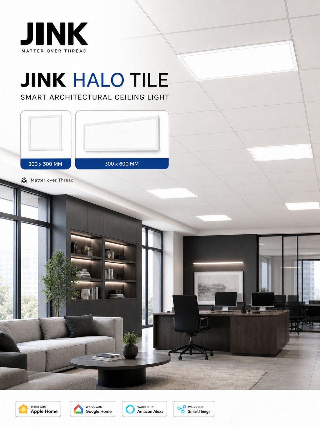 JINK Halo Tile Matter over Thread office and living space application scene — standardized 3x4 media