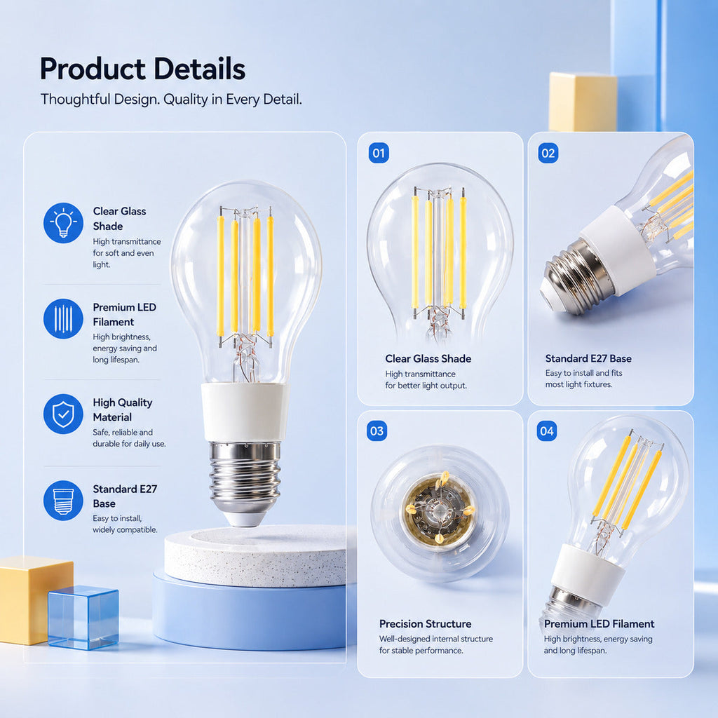 JINK Bulb Ember clear glass, LED filament, precision structure, and E27 base details — standardized 1x1 media