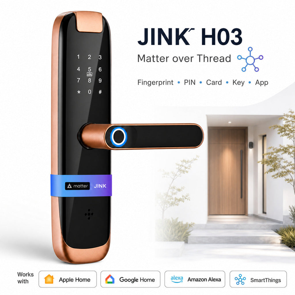 JINK H03 Matter over Thread smart lever door lock integrated product scene and platform compatibility — standardized 1x1 media