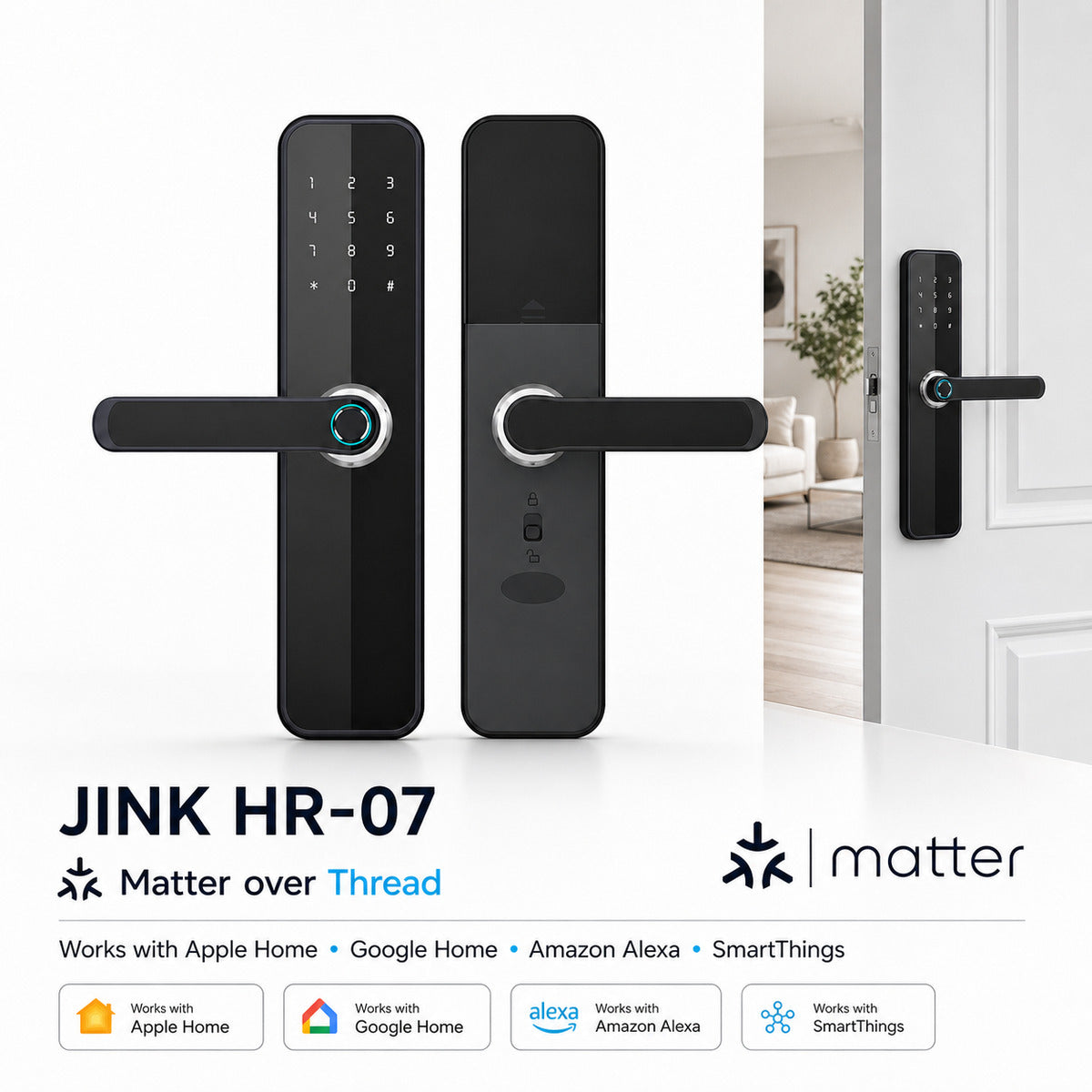JINK HR-07 Matter over Thread smart door lock integrated product and scene image — standardized 1x1 media