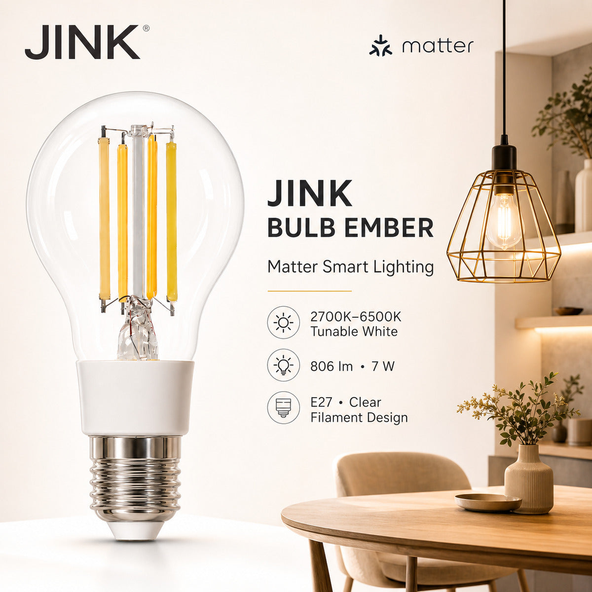 JINK Bulb Ember Matter smart lighting E27 2700K-6500K 806 lm 7 W comprehensive hero — standardized 1x1 media