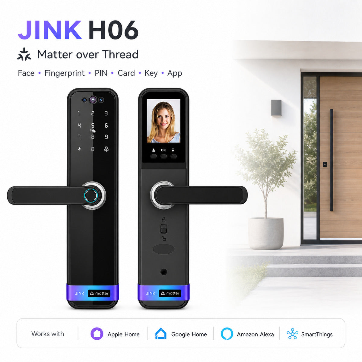 JINK H06 Matter over Thread digital peephole smart lever lock integrated product scene and platform compatibility — standardized 1x1 media