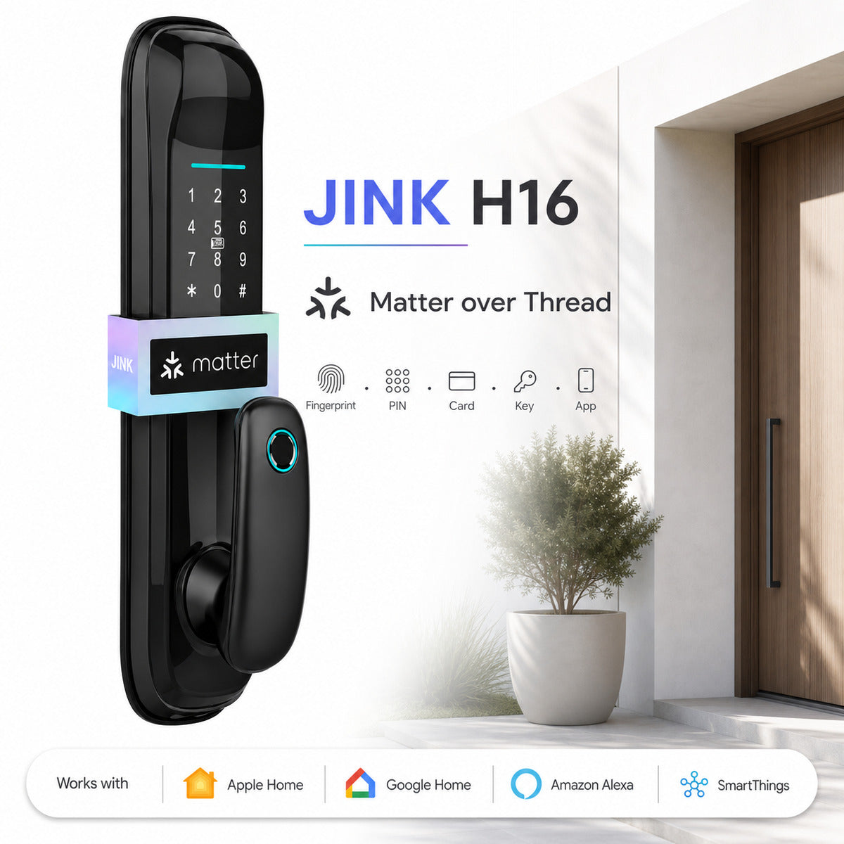 JINK H16 Matter over Thread smart mortise door lock integrated product scene and platform compatibility — standardized 1x1 media