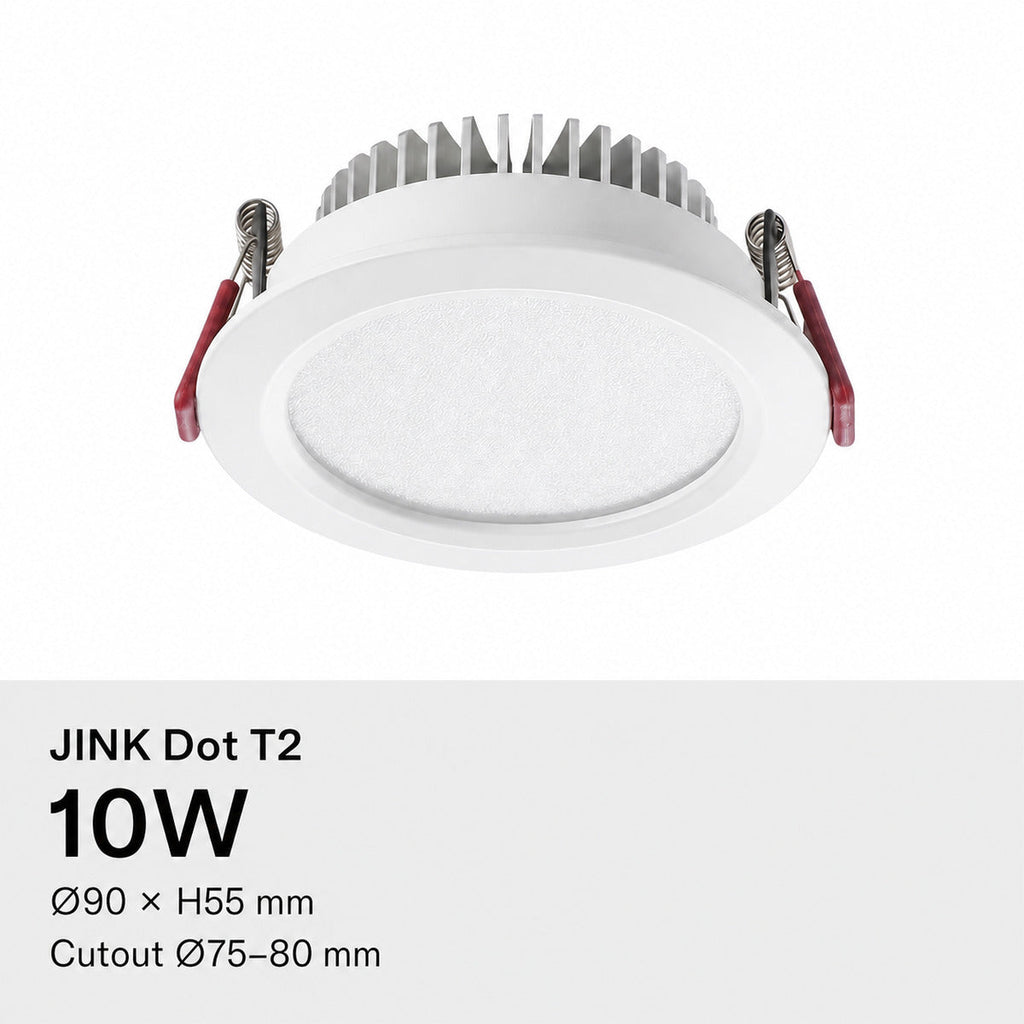 JINK Dot T2 10W, Ø90 × H55 mm, cutout Ø75–80 mm — standardized 1x1 media