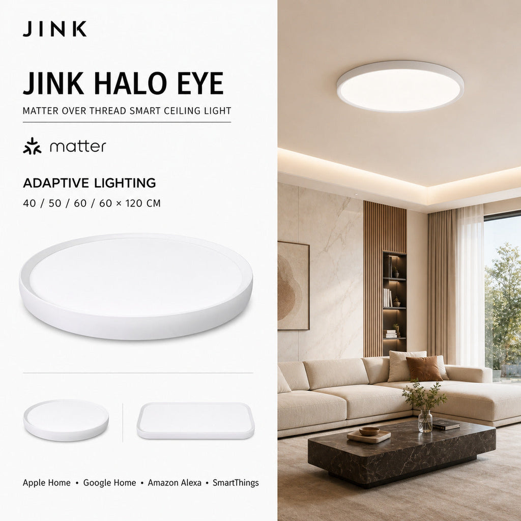 JINK Halo Eye Matter over Thread comprehensive hero with room scene and supported ecosystems — standardized 1x1 media