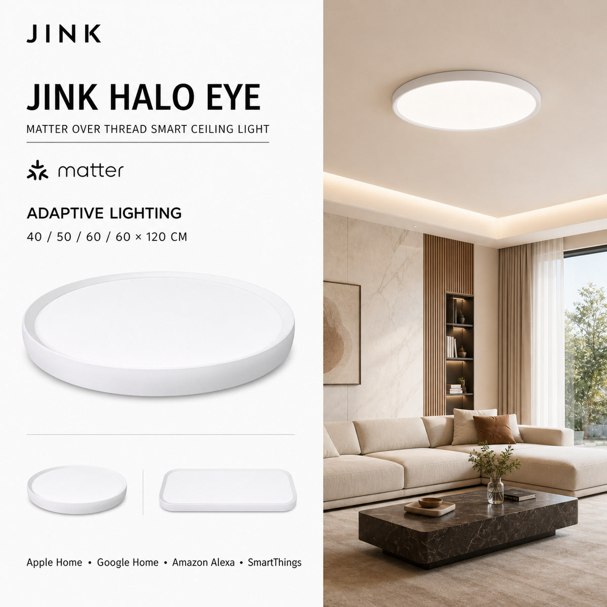JINK Halo Eye Matter over Thread comprehensive hero with room scene and supported ecosystems — standardized 1x1 media