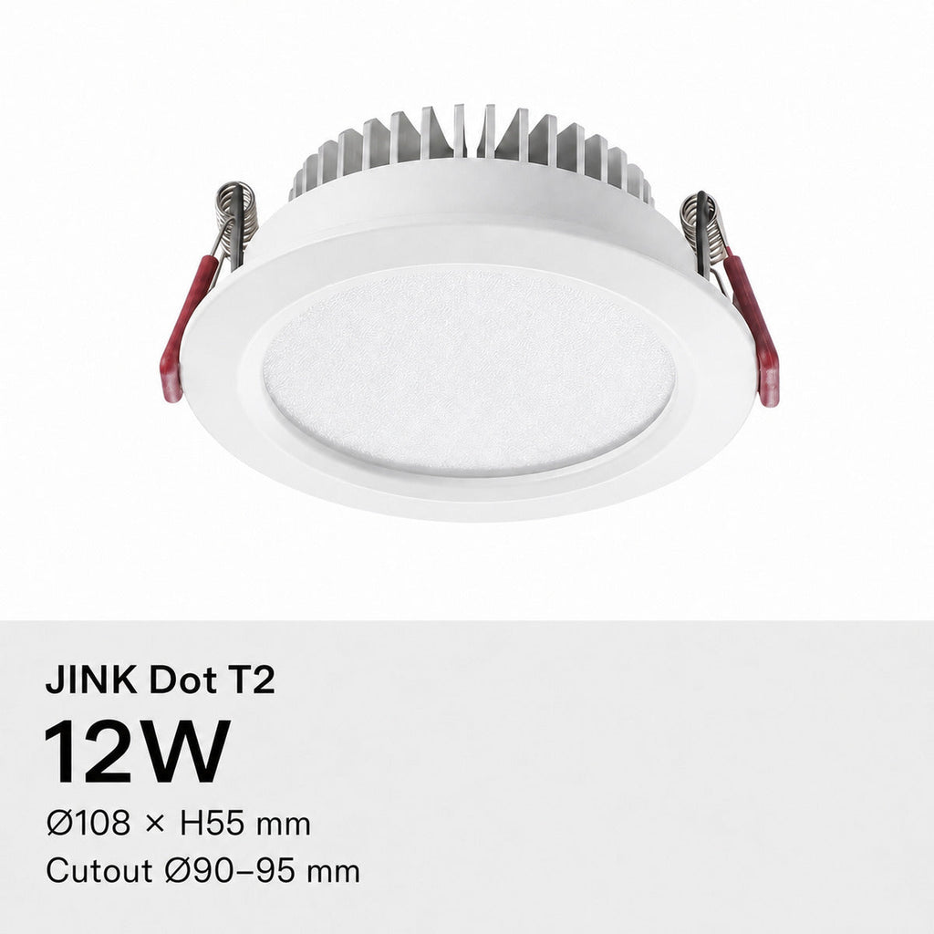 JINK Dot T2 12W, Ø108 × H55 mm, cutout Ø90–95 mm — standardized 1x1 media