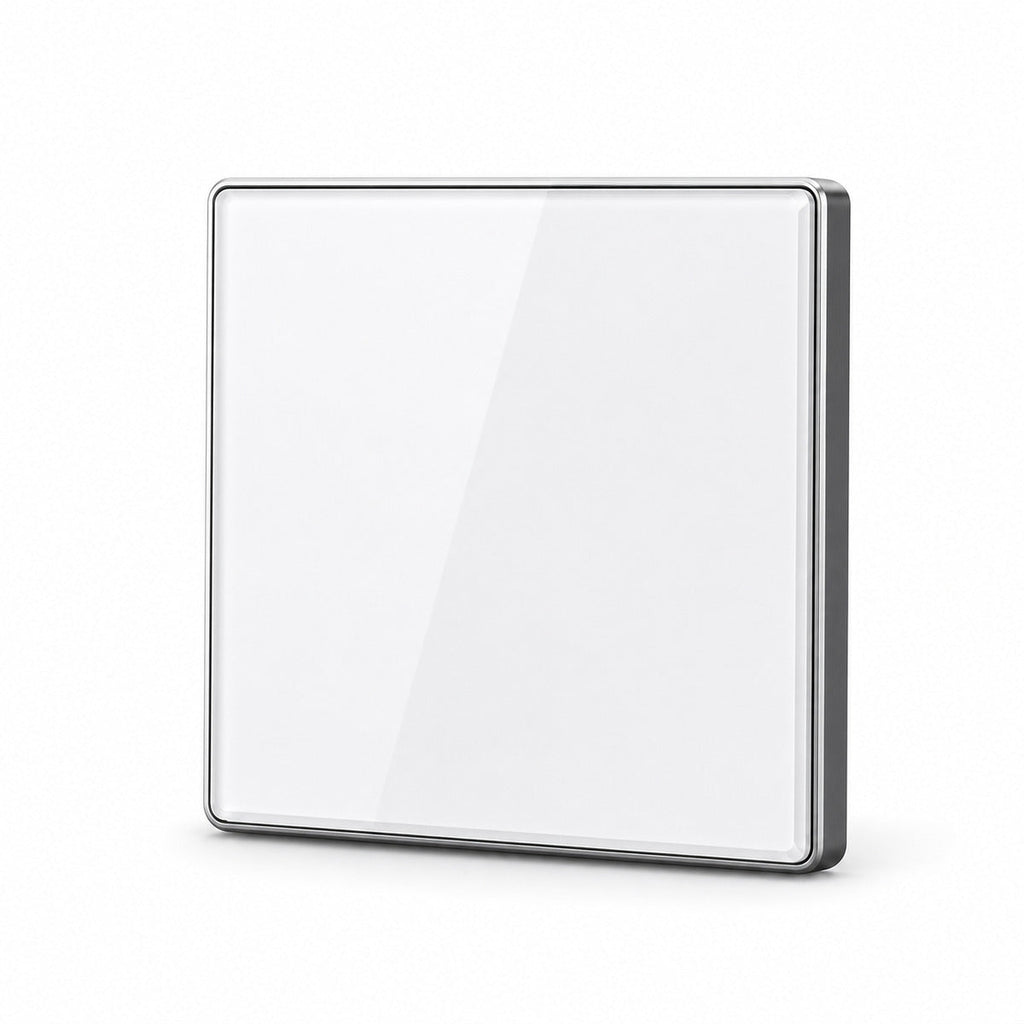 JINK Switch 2.5D 86 x 86 mm glossy white panel with silver aluminum frame — standardized 1x1 media