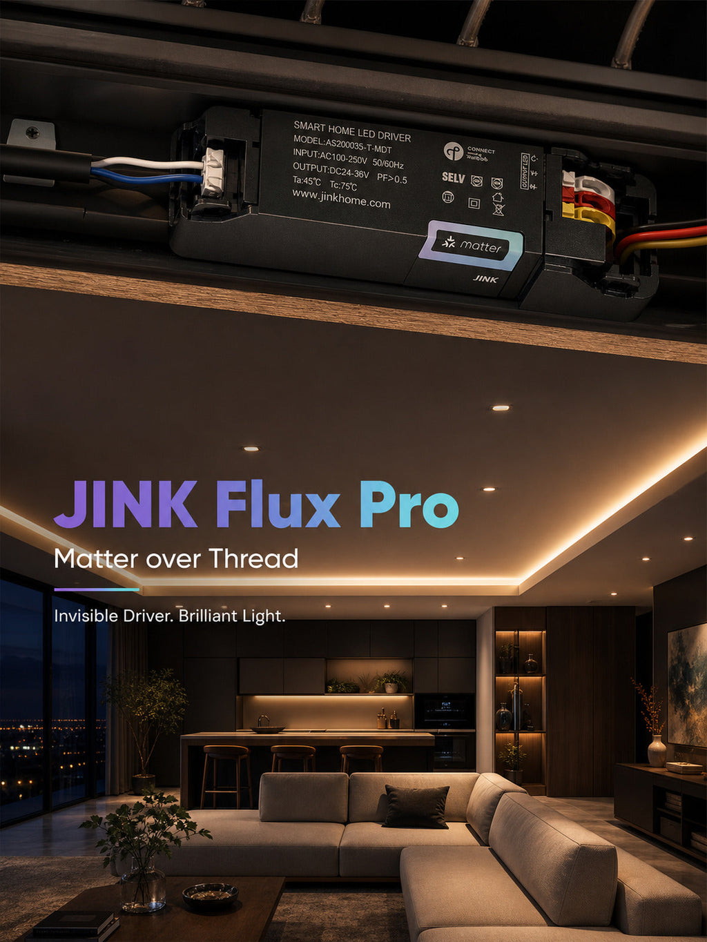 JINK Flux Pro Matter over Thread architectural lighting scene — standardized 3x4 media