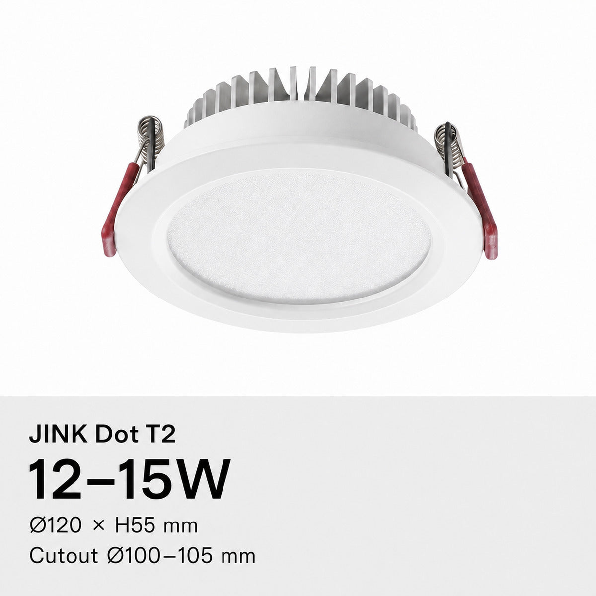 JINK Dot T2 12–15W, Ø120 × H55 mm, cutout Ø100–105 mm — standardized 1x1 media