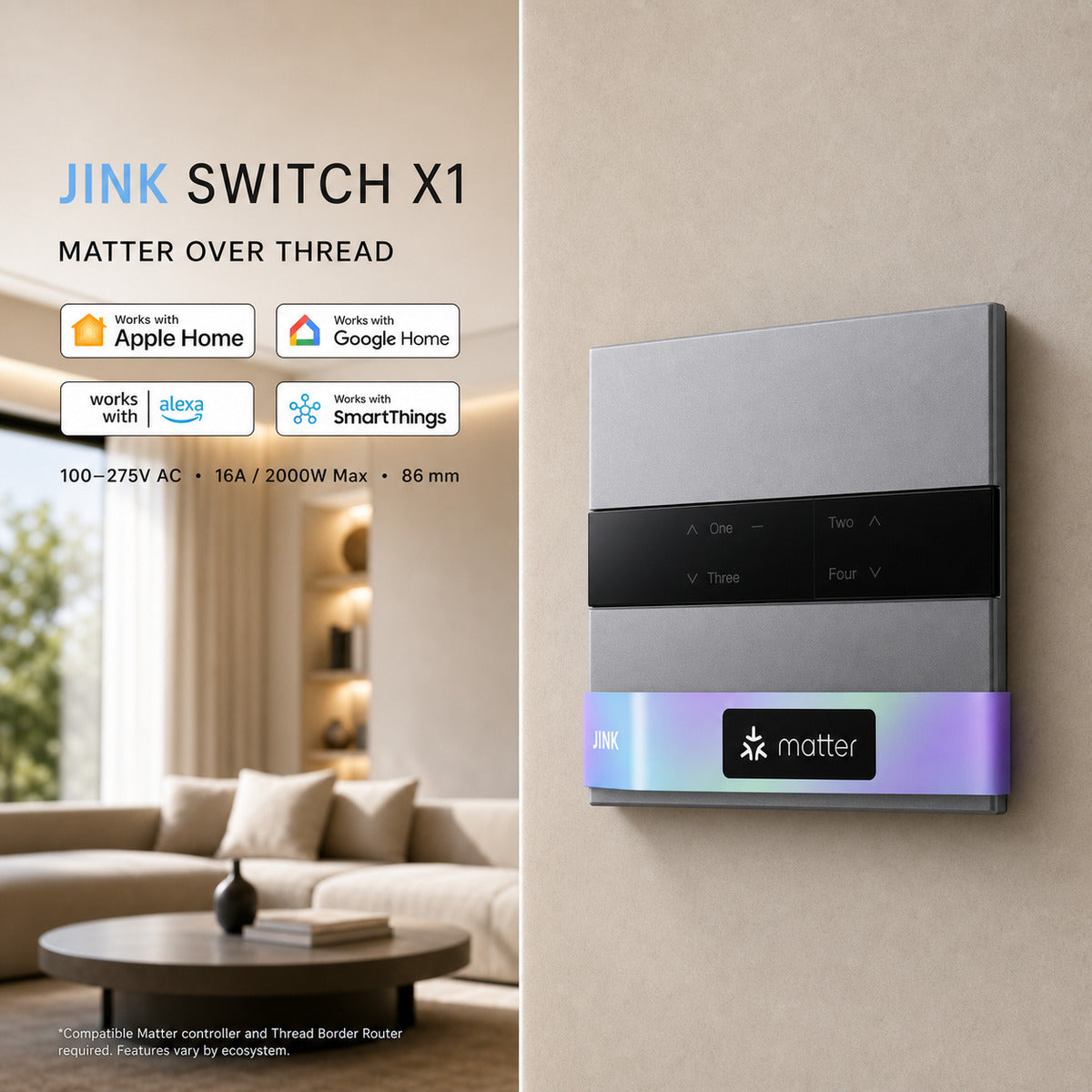 JINK Switch X1 Matter over Thread smart wall switch platform and room scene — standardized 1x1 media