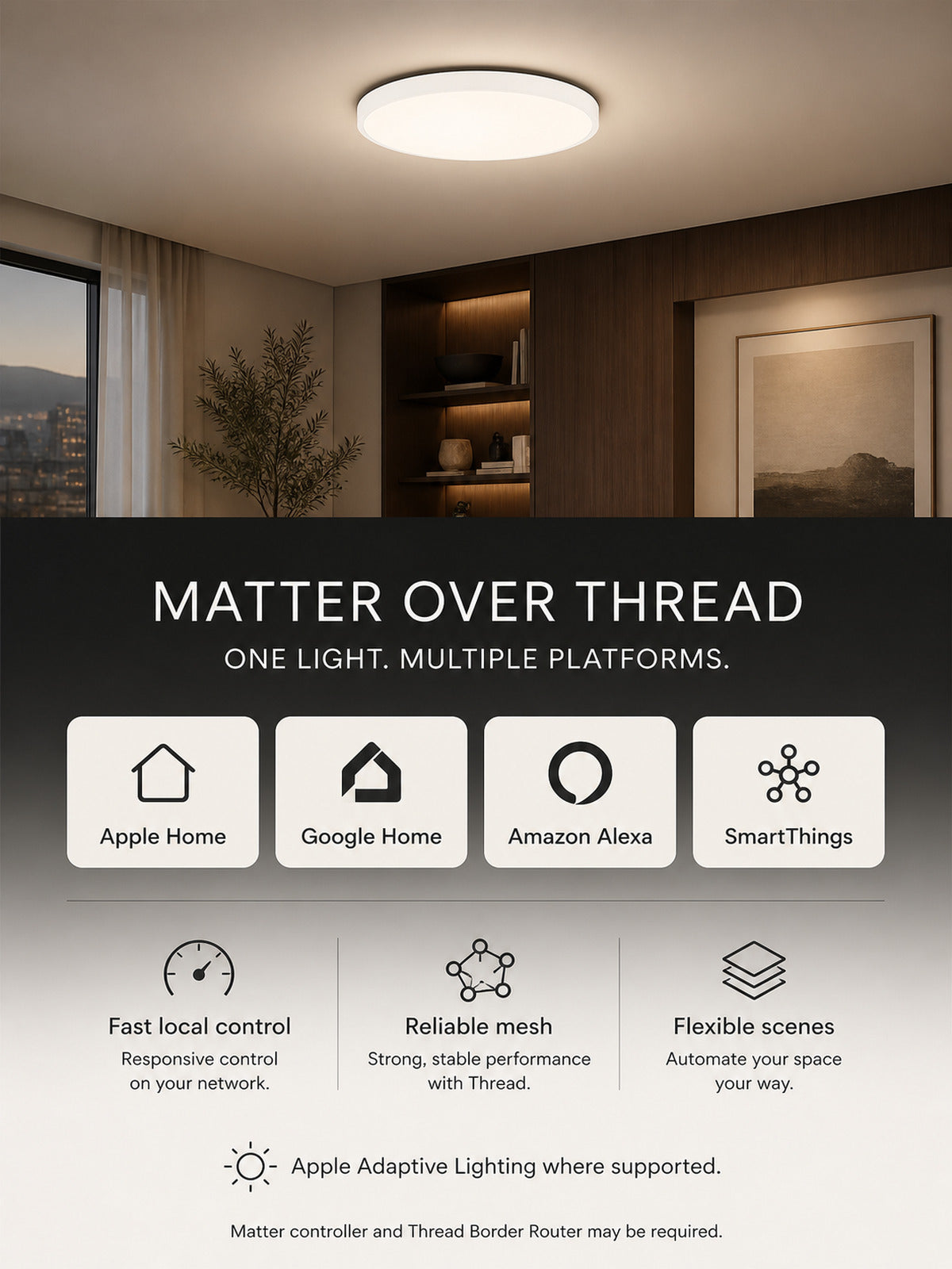 JINK Halo Eye Matter over Thread benefits and compatible smart home platforms — standardized 3x4 media