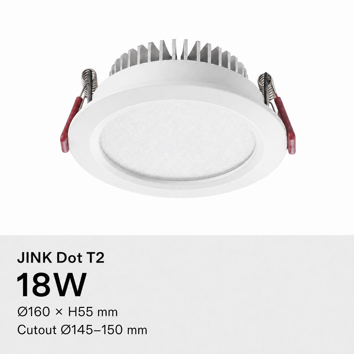 JINK Dot T2 18W, Ø160 × H55 mm, cutout Ø145–150 mm — standardized 1x1 media
