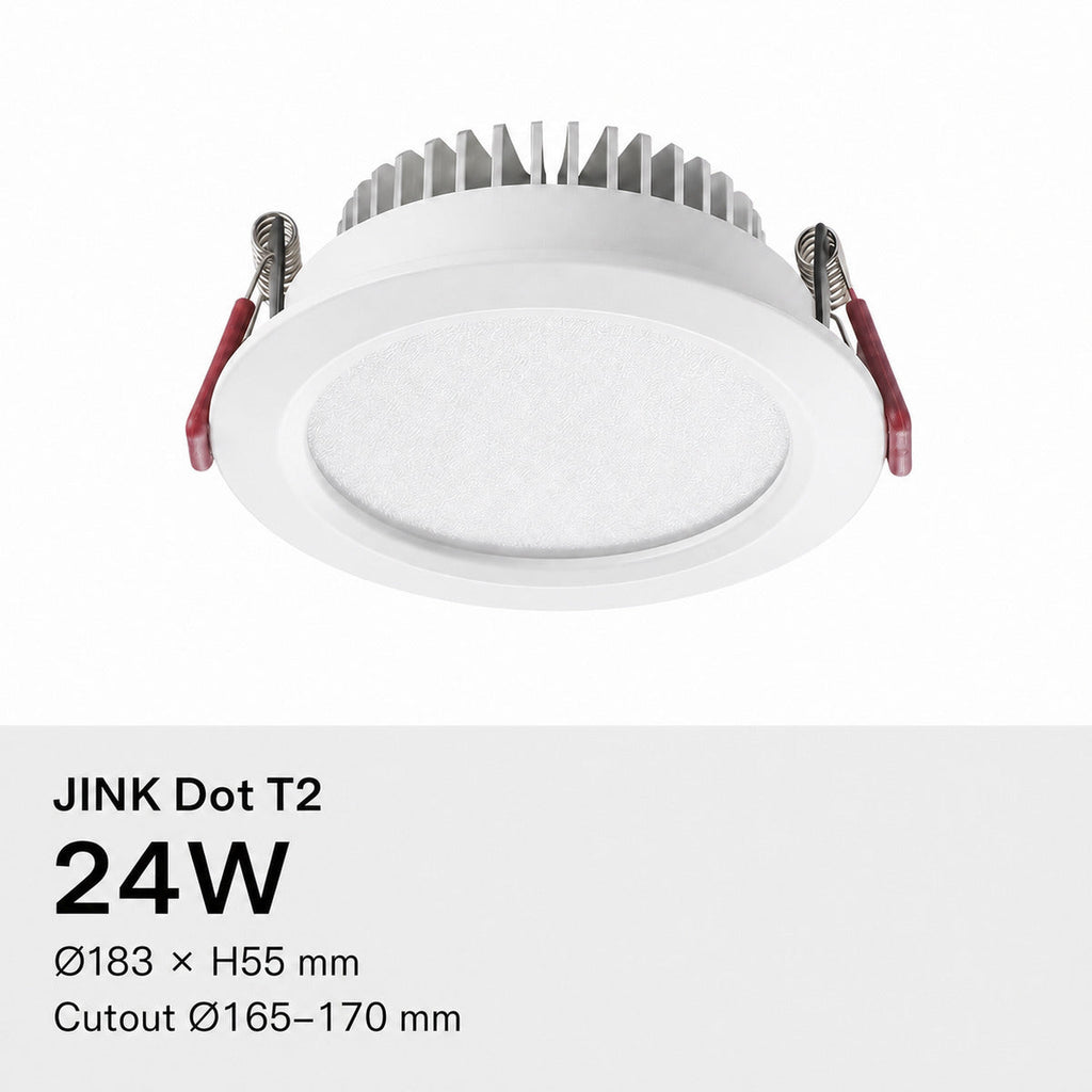 JINK Dot T2 24W, Ø183 × H55 mm, cutout Ø165–170 mm — standardized 1x1 media