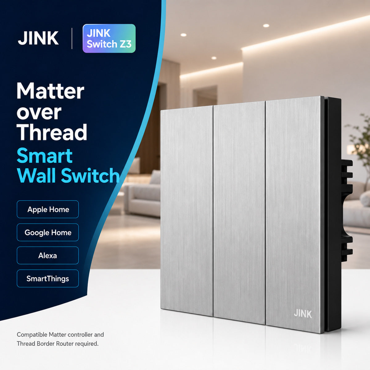 JINK Switch Z3 Matter over Thread smart wall switch composite product hero — standardized 1x1 media