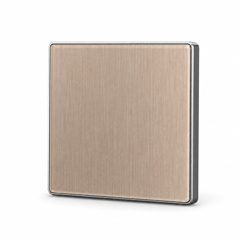 JINK Switch 2.5D 86 x 86 mm brushed warm gold panel with silver aluminum frame — standardized 1x1 media
