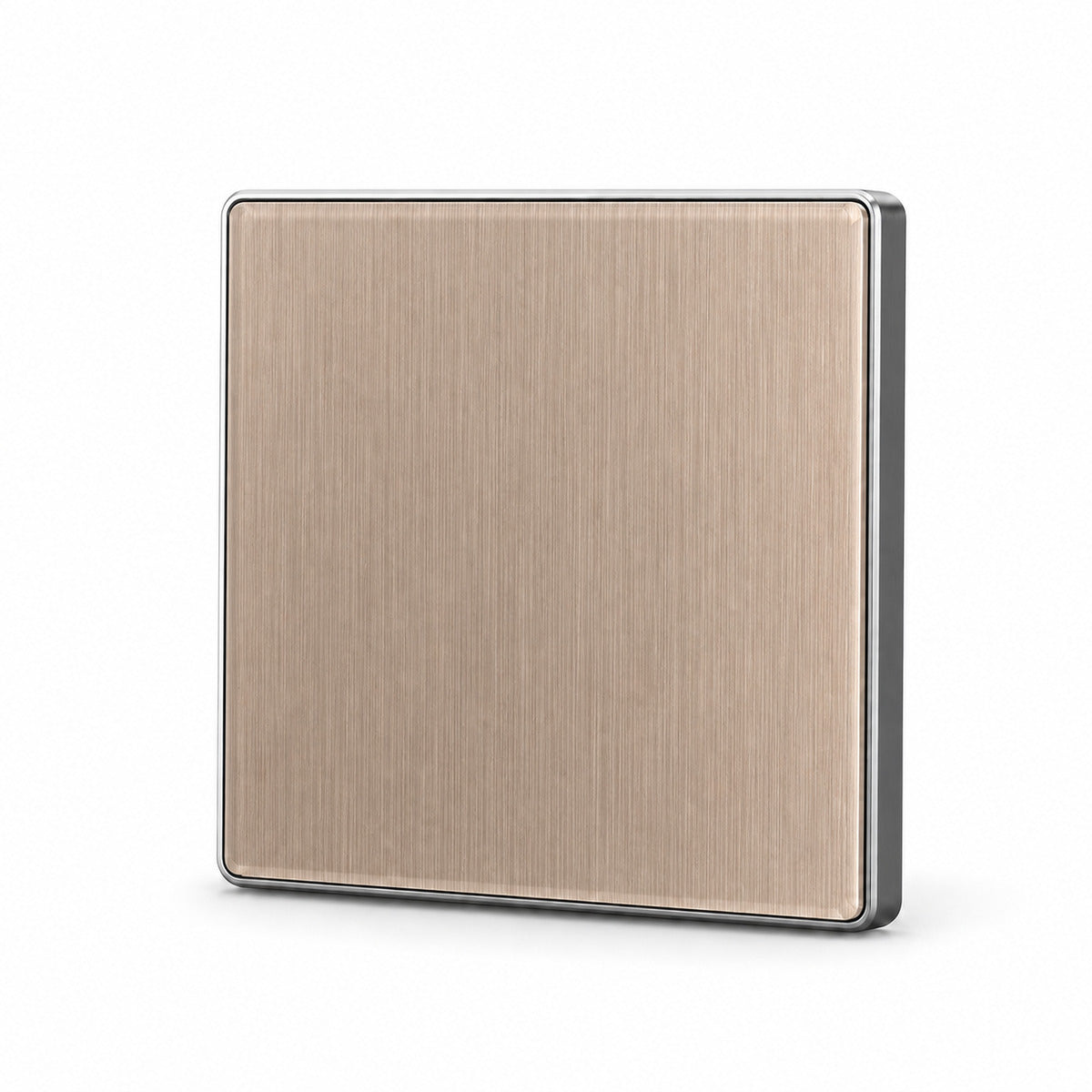 JINK Switch 2.5D 86 x 86 mm brushed warm gold panel with silver aluminum frame — standardized 1x1 media