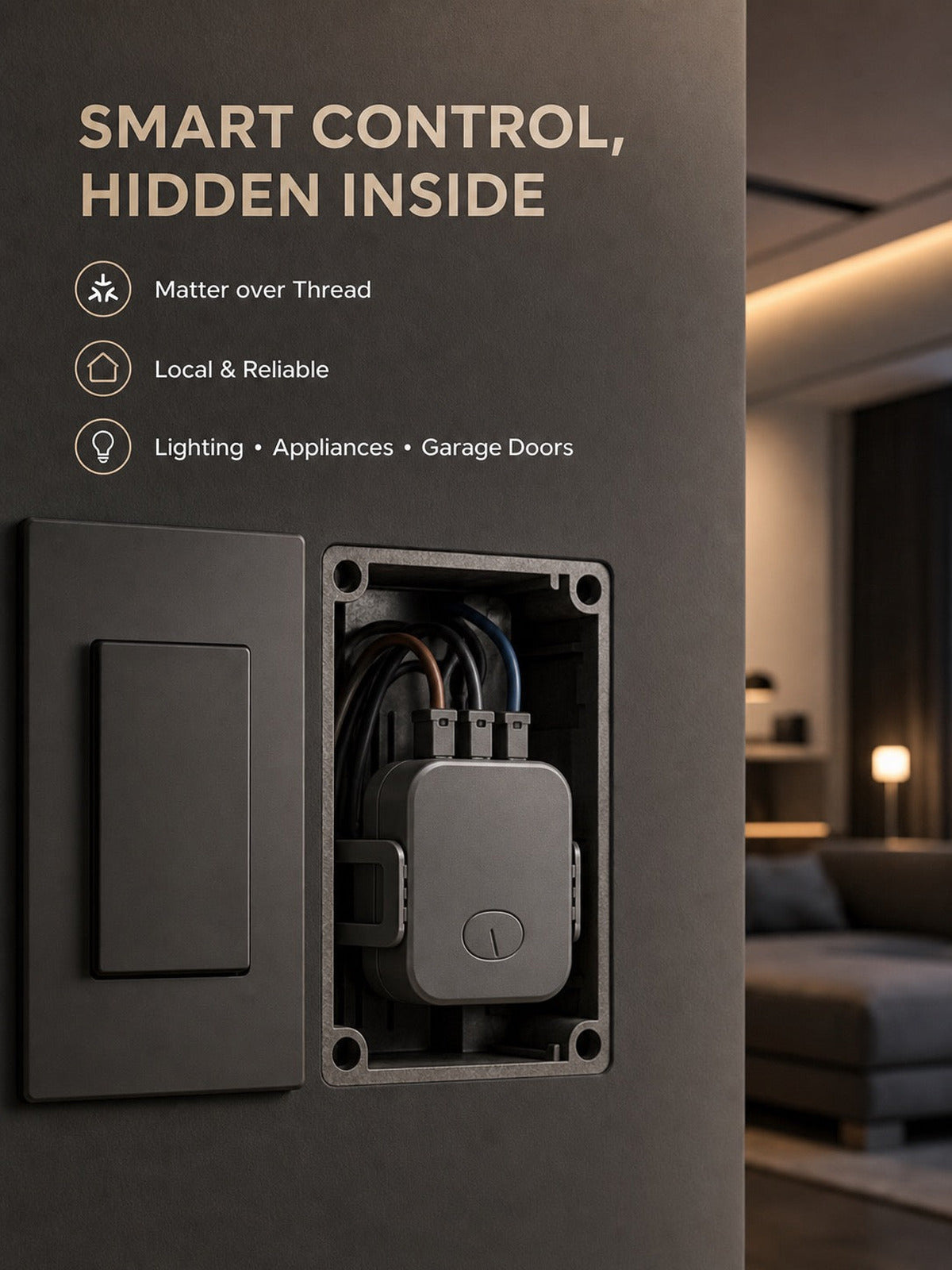 JINK Relay Module hidden wall-box installation scene — standardized 3x4 media