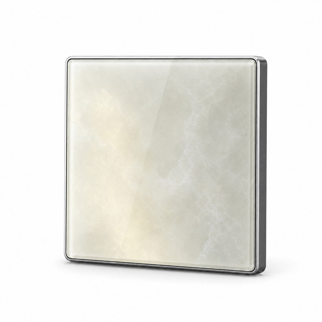 JINK Switch 2.5D 86 x 86 mm custom jade glass panel with silver aluminum frame — standardized 1x1 media